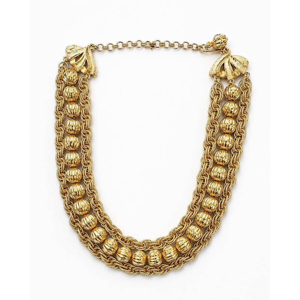 Vintage 1970s Gold Tone Multi Strand Beaded Statement Necklace Ribbed Beads - Picture 2 of 5